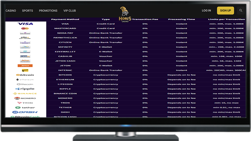 The Horus Casino Payment Options